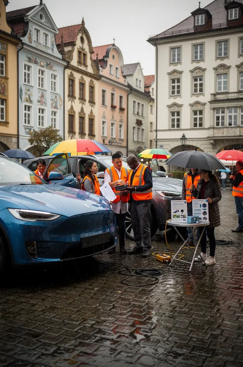 Elektrofahrzeugreifen werden fachgerecht in einer deutschen Autowerkstatt überprüft und gewartet.